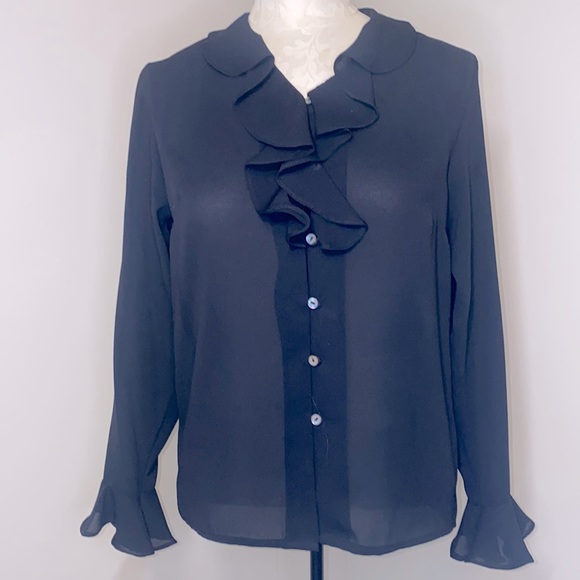 Karen Scott blouse black button down ruffled lightweight Size Small petite - Picture 1 of 9